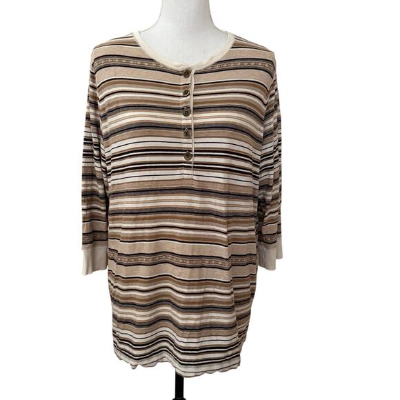 Lauren Ralph Lauren Neutral Striped Long Sleeve Quarter Button Blouse Size 2X - Picture 1 of 6